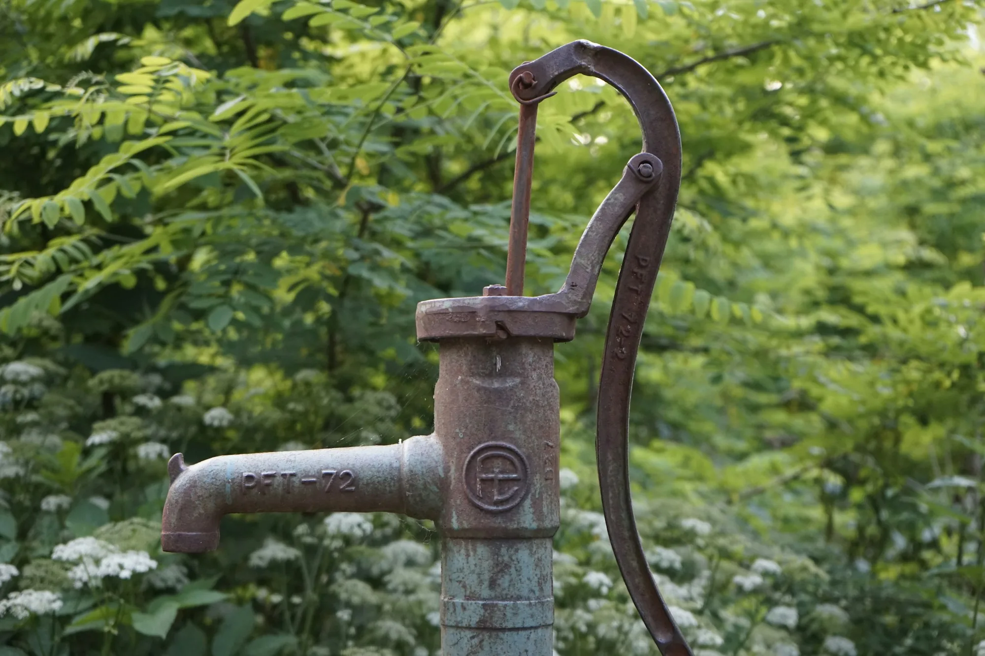 Old cast-iron well pump standing in green rural surroundings